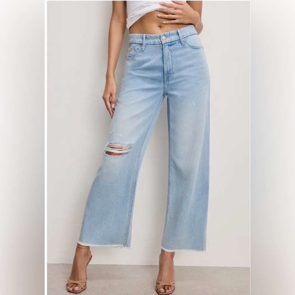 Good American Good Skate Fray Hem Crop Wide Leg Jeans